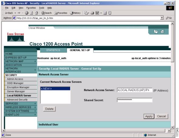 Configuring Cisco LEAP Step 1 Step 2 Step 3 Step 4 Configure the access point for Cisco LEAP authentication by following the steps outlined in the Configuring Access Points Running Cisco IOS Software
