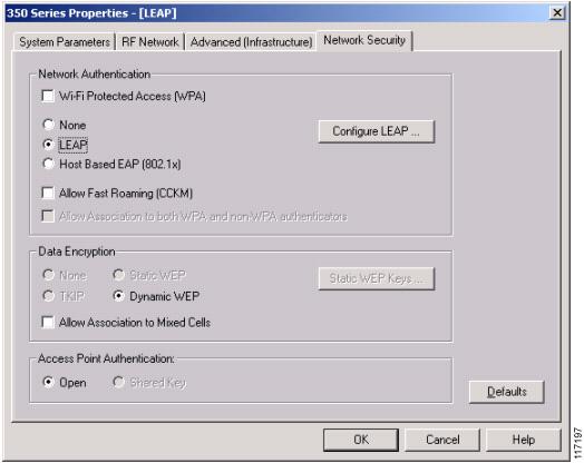 Configuring Cisco LEAP Figure 16 Security Configuration for Aironet Client Utility Profile Step 8 Choose LEAP. Note Dynamic WEP under Data Encryption is enabled by default when you choose LEAP.