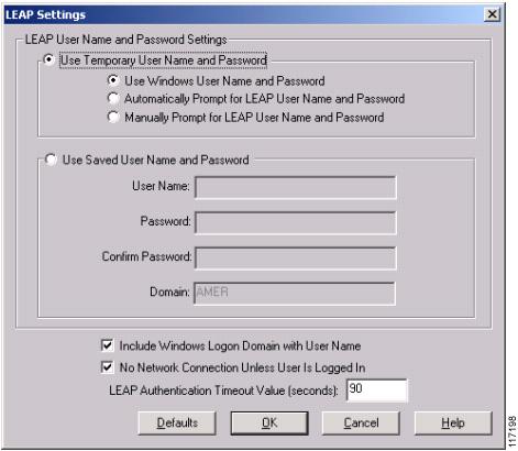 Configuring Cisco LEAP Figure 17 LEAP Settings Screen Step 11 Choose the desired user prompt mode for the Cisco LEAP authentication process (Windows credentials, automatic prompt, or manual prompt).
