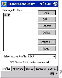 Configuring Cisco LEAP Configuring Windows CE Clients for Cisco LEAP Step 1 Launch Aironet Client Utility version 2.3 on the Windows CE device (see Figure 18).