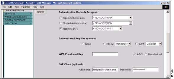 Configuring Cisco LEAP Figure 20 IOS Repeater Access Point Configured as EAP Client This CLI command approximates the GUI steps above: ap(config-if-ssid)# authentication client username <user>