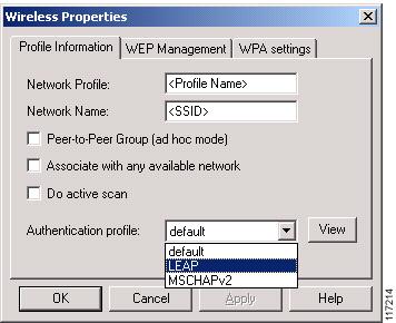 Configuring Cisco LEAP Figure 31 AEGIS Client Wireless Properties Screen - Profile Information Tab Step 3 Step 4 On the Wireless Properties screen, enter a name in the Network Profile field, enter