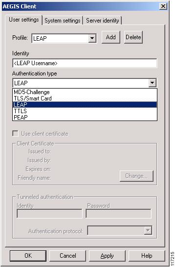 Configuring Cisco LEAP Figure 32 AEGIS Client User Settings Screen Step 5 Step 6 Step 7 Step 8 Step 9 Step 10 Click Add to be prompted for an authentication profile name.