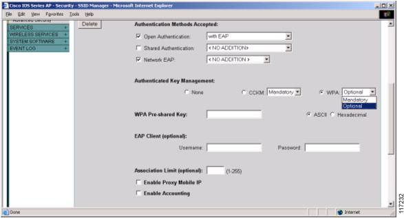 Configuring Wi-Fi Protected Access (WPA) Security Figure 48 Authenticated Key Management Settings for SSID and WPA These CLI commands approximate the GUI steps above: ap(config-if-ssid)#