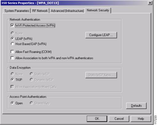 Configuring Wi-Fi Protected Access (WPA) Security Figure 49 Aironet Client Utility Version 6.2 WPA Configuration Step 15 Step 16 Click OK to activate the changes.