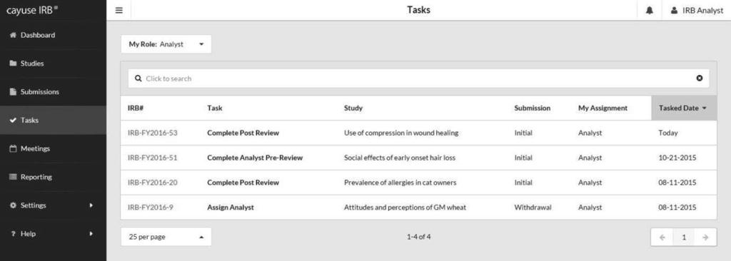 Tasks Whenever a study changes state, Cayuse IRB assigns one or more tasks to various users.