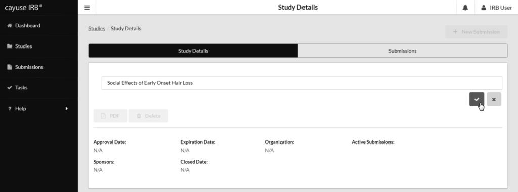 After creating the new study, you will be taken to the Study Details page for that study, which displays important information regarding the study.