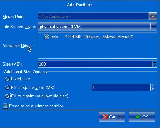 Establish a physical volume You can not input mount point here, only when the LVM volume group has been established can you set mount point for its logical volume.