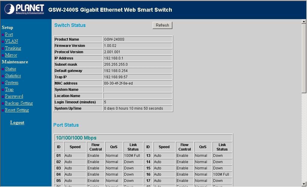 3.1.2.7 Status Figure 3-27 Mirror Setting page Click on the Status to present the Switch status on this screen, it display the Switch Status, Port Status, VLAN Status, Trunk Status and Mirror Status.