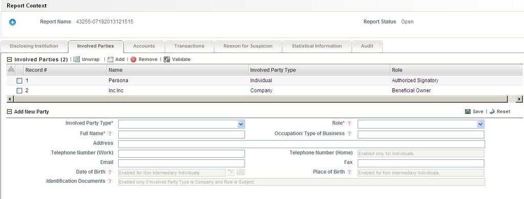 Submitting an STR for Approval Figure 19. Add New Involved Party 4. Enter the required information. The following table explains the fields in the Add New Involved Party section Table 12.