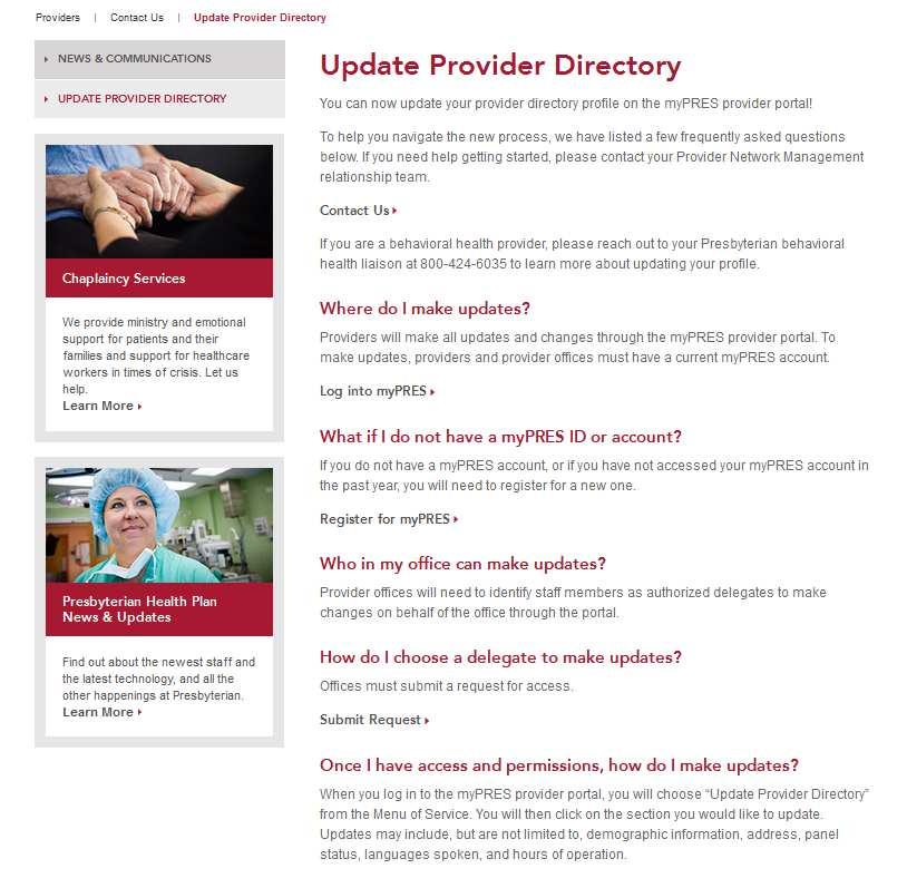Provider Directory Update FAQs Website The frequently asked questions website at www.phs.