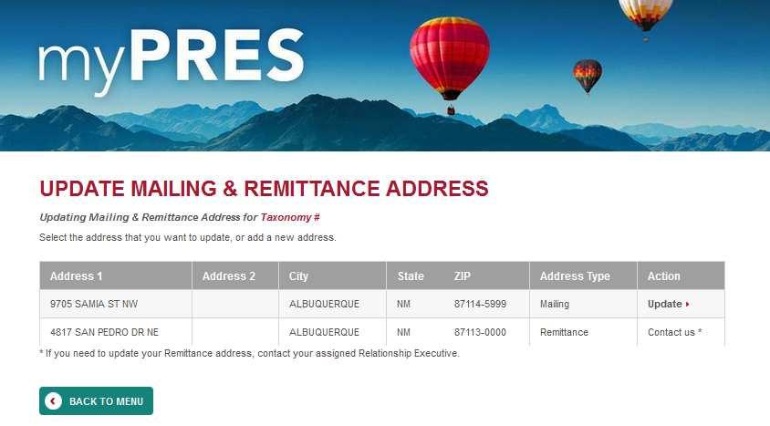 Example of Mailing and Remittance Address* tab This tab will show both the mailing address and the remittance (billing) address.
