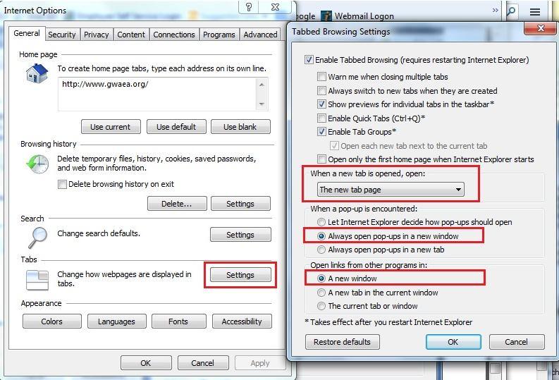 New Window Tab Control From the Tools dropdown menu select 'Internet Options'. On the Internet Options screen, click on the 'General' tab. Click on the 'Tabs - Settings' button, indicated below.