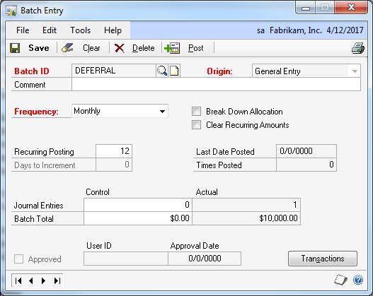 38. Clear Recurring Amounts Financial Pane TRANSACTIONS-FINANCIAL-BATCHES A checkbox in the Batch Entry window instructs the system to clear the amounts on the transactions in the batch when posting