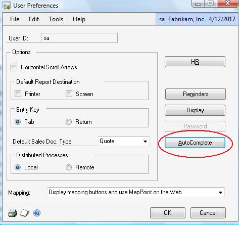 7. Limit Auto Complete Settings Microsoft Dynamics GP Dropdown Menu-USER PREFERENCES AutoComplete The default setting is not to