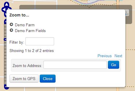 Clicking on location name in the Zoom to Location Tool popup (shown to the right) will display that location on the map. You can also enter an address in the Zoom to Address field and then click Go.