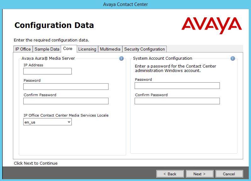Configuring the server installation data 21. In the Sample CDN (Route Point) box, type a number for the Avaya Contact Center Select CDN (Route Point).