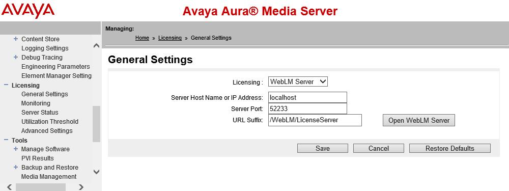 Avaya Contact Center Select migration 2. In the left pane, select Licensing > General Settings. 3. Click Restore Defaults. 4. Click Confirm. Restoring the Avaya Contact Center Select Release 6.