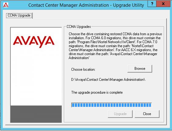 Migrating the Avaya Media Server database 6. Click Upgrade. 7. Close the Upgrade Utility application. Click Close.