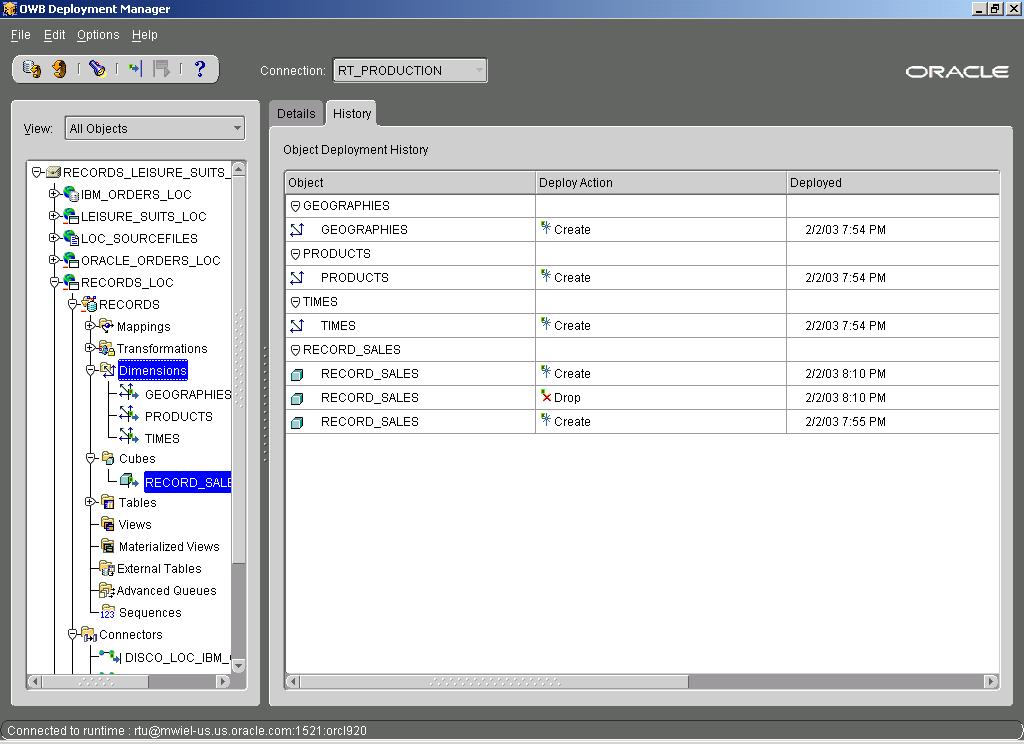Figure 13. Deployment history in the deployment manager.