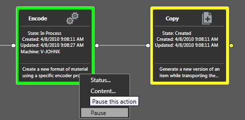 Chapter 2 Using Workflow Designer Vantage Workflow Designer User s Guide 59 Pausing and Resuming Transcode Actions You can pause and resume transcode actions in a job in progress. Figure 63.