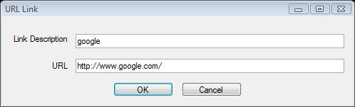 URL Link Dialog Click on a control for more information. URL Link Dialog This dialog lets you choose the text description and URL destination for hyperlinks included in the output documentation.