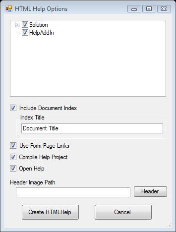 Help Document Options Click on a control for more information. Help Document Options This form is used to select the Help Project creation options and save directory.