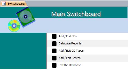 6. Close the database and then re-open it. Your Switchboard will open and the Database Window will not appear. Notice also that the application name and icon both appear at the top of the window. 7.