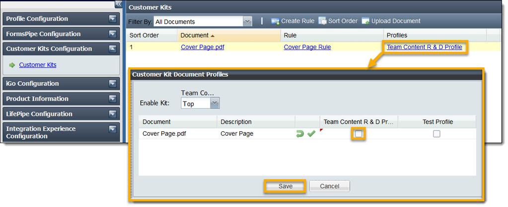Temporarily Remove a Document 1. To temporarily remove a document in your kit, click the corresponding hyperlink from the Profiles column. 2.