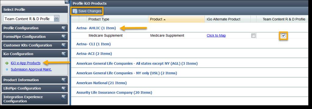 igo Configuration Select igo Profile from the settings drop down to add products to igo and manage agents submission approver email.