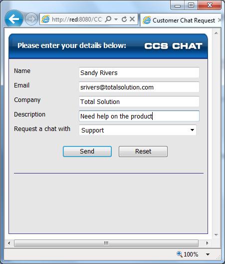 5. Using CCS Chat 5.1 Customer Page The Customer Page is where chat request is created. Internally it can be accessed by adding the CustomerPage at the end of the CCS Chat URL.