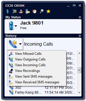 1.7 History The history of missed calls, incoming calls, outgoing calls, voice recordings and sent and received SMS messages is available by clicking on the history icon.