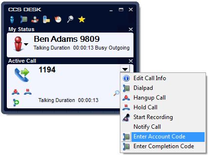 1.11 Call Account Codes CCS Desk supports the notion of Call Account Codes, which are used