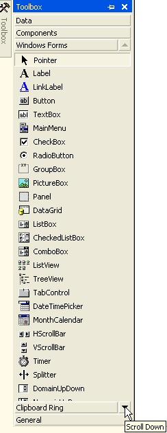 Visual Basic.NET Tools in the Windows Forms toolbox: As you can see, there a awful lot of tools to choose from! Click the black arrow, and scroll down to see even more.