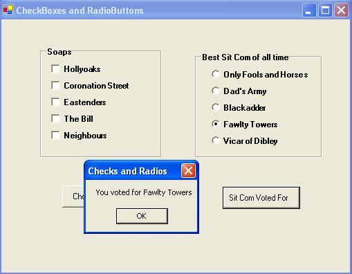 Visual Basic.NET By using If ElseIf we can check which radio button a user selected. The Text property from the chosen radio button is then placed in a String variable called ChosenSitCom.