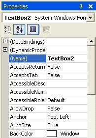 Visual Basic.NET Add a new textbox to your form With the textbox selected, locate the Name property in the Properties area: The current value of the Name property is Textbox2.