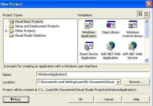 Visual Basic.NET As a beginner, you ll normally want the option selected: Windows Application, in the Visual Basic Projects folder.