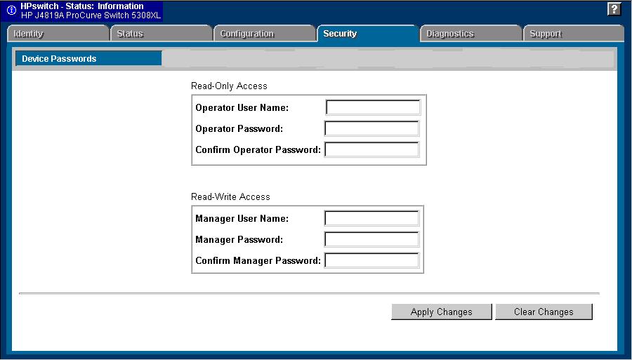 Tasks for Your First HP Web Browser Interface Session Figure 4-3. The Device Passwords Window To set the passwords: 1.