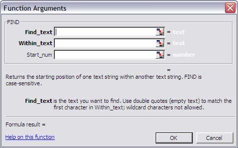 Functions The function s arguments FIND (find text ; within text ; start num) The function has 3