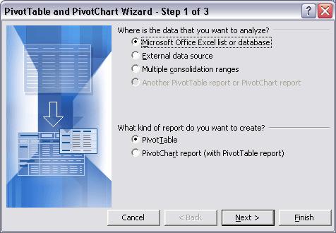 PivotTables Step 1: tell Excel what type of source data you want to use. An Excel list or database.