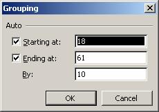 PivotTables Excel asks to specify the starting value and the ending value, already shows you the smallest and greatest number in the list, and also the by for the numbers you want to group: