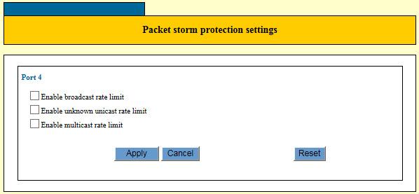FS900M Series Web Browser User s Guide Configuring Packet Storm Protection To configure packet storm protection, perform the following procedure: 1. Expand the Switch Settings menu in the main menu.