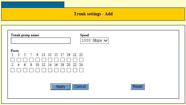 FS900M Series Web Browser User s Guide Table 42. Switch Settings - Trunking Window Column Trunk Group Name Speed Ports Description Displays the name of a port trunk.