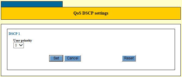 FS900M Series Web Browser User s Guide Figure 46. QoS DSCP Settings Window 6. Use the pull-down menu in the window to select the new CoS priority level for the selected DSCP values.