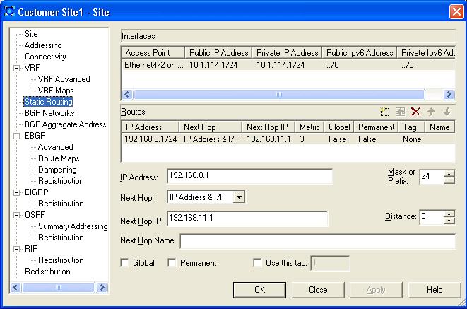 Setting Up Sites Figure 1 5 The Static Routing Property Page Note: The fields on the Static Routing property page are disabled until the Static Routing check box on the Connectivity property page is