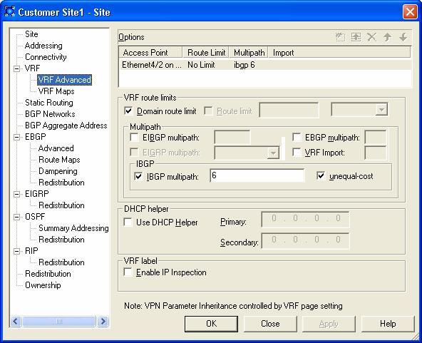 Setting Up Sites or Specify name, Generate RD or Specify RD, Router ID, Generated ID or Specify ID, and VRF Description. 3. Under VRF, select the VRF Advanced property page, as shown in Figure 1 7.