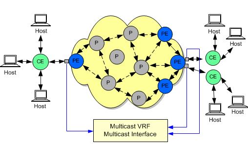 About VPN Multicast Services Figure 2 2 VPN Multicast Services on PE Interfaces Prerequisites for Configuring VPN Multicast In the IP Service Activator client, load the VPNMulticastPolicyTypes.