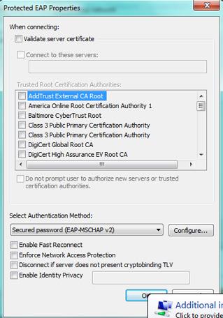 8. Where it asks you to Choose a network authentication method, make sure Protected EAP (PEAP) is selected. Click on the Settings button. 9.