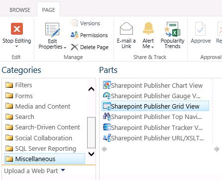 Epicor SharePoint Publisher 3. From the Web Parts list, select the Epicor Publisher Grid View check box and click Add.