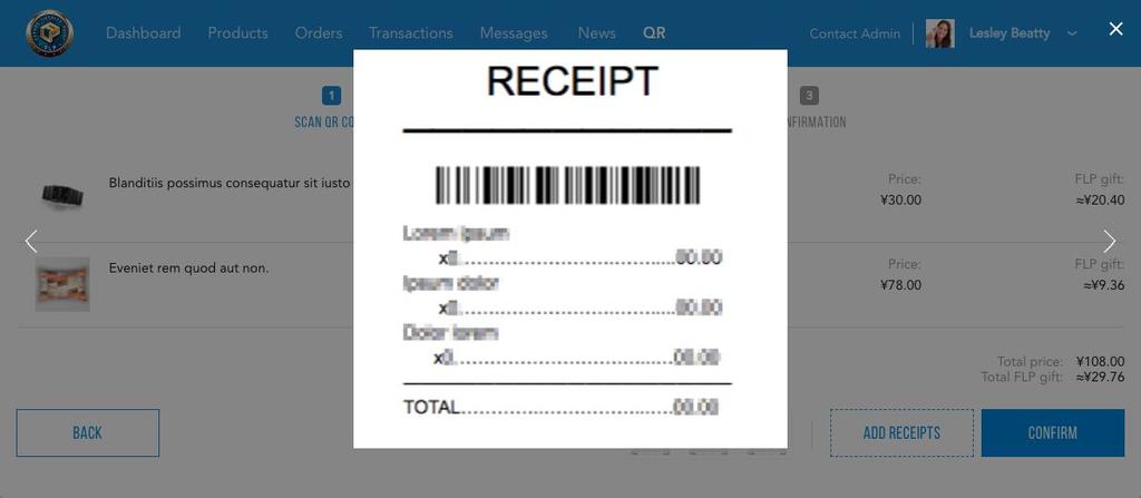 Figure 133: A full-sized image of a receipt You can use the backwards arrow and the forwards arrow in the lightbox to navigate through the gallery of receipts if there is more than one